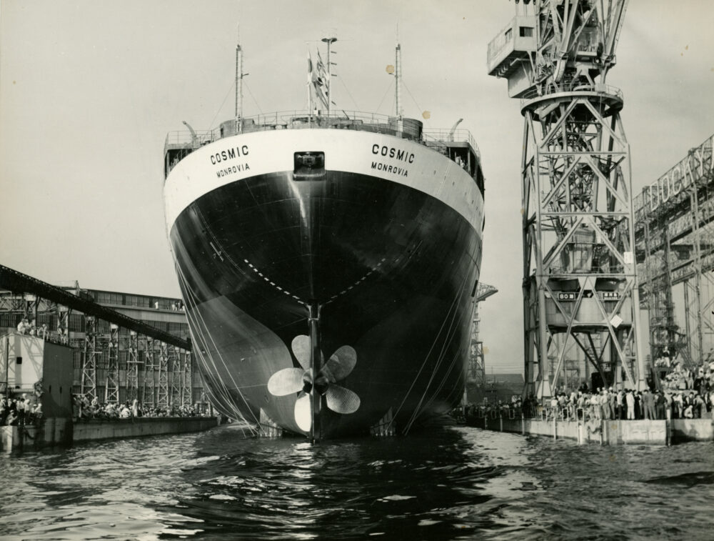 C. M. Lemos’ “Cosmic was built in Kawasaki, Japan in October 1956. It was the first Greek-owned combination carrier, capable of carrying both ore and oil.