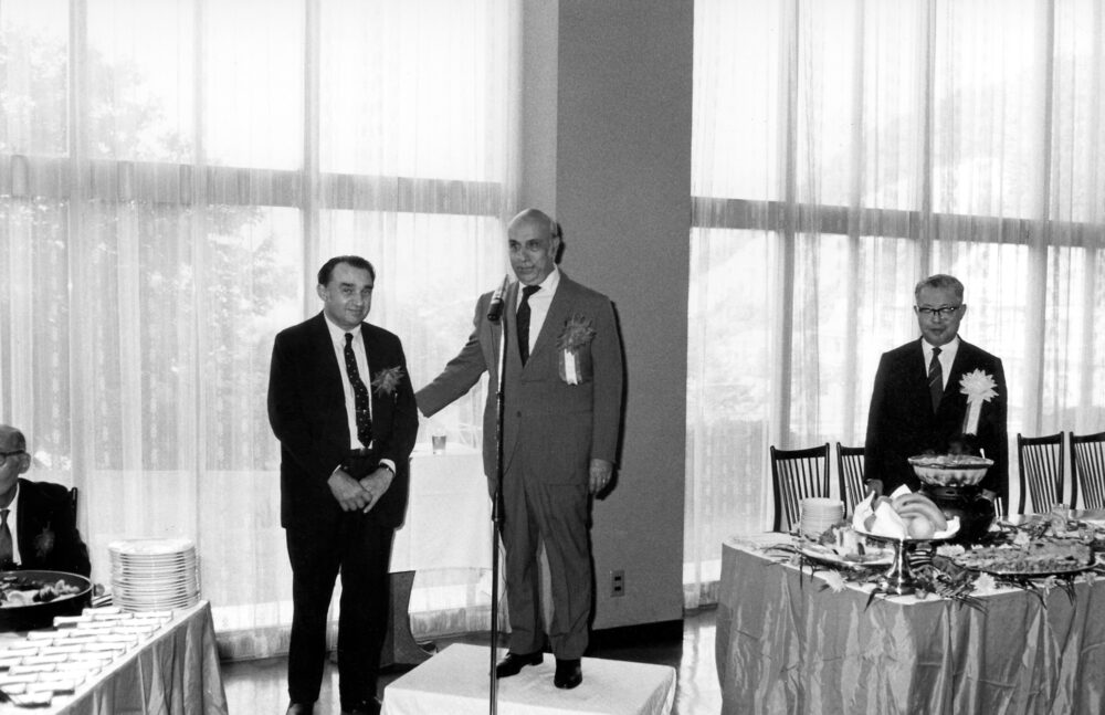 Costas M. Lemos giving a speech during the launching ceremony of the 150,000 tonne OBO “Exotic” on 25th of July 1970.